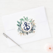 Navy Anchor Monogram Greenery Wreath Wedding Ronde Sticker (Envelop)