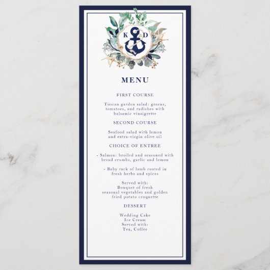 Navy Anchor Monogram Nautical Green Wreath Weddens Menu (Voorkant)