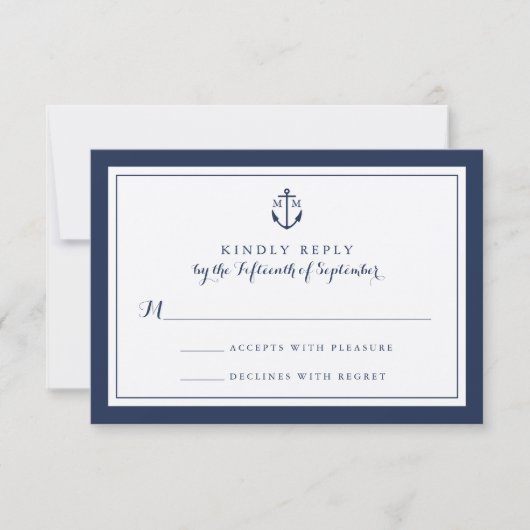 Navy Anchor Monogram Wedding RSVP Kaart (Voorkant)