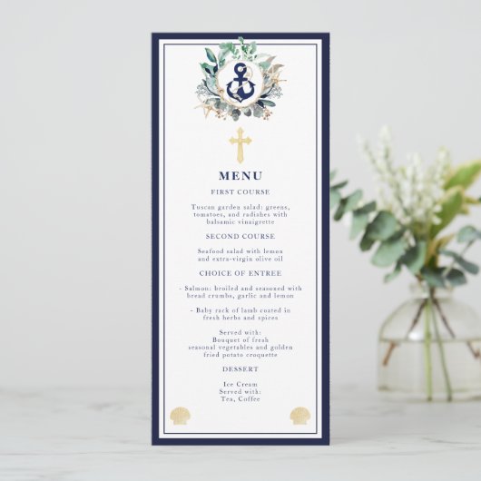 Navy Anchor Nautical Greenery Wreath Cross Baptism Menu (Staand voorkant)