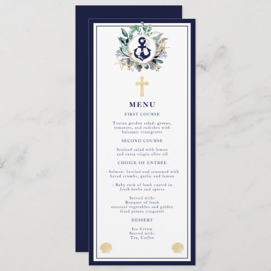 Navy Anchor Nautical Greenery Wreath Cross Baptism Menu (Voorkant / Achterkant)