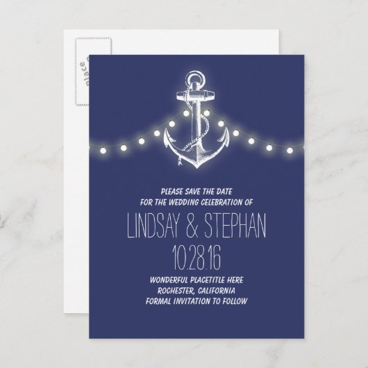 Navy Anchor Nautical Save the Date briefkaarten (Voorkant / Achterkant)
