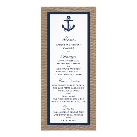 Navy Anchor op Burlap Beach Wedding Menu (Voorkant)