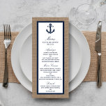 Navy Anchor op Burlap Beach Wedding Menu<br><div class="desc">Het marinesanker op het collectie van de burlap strandbruiloft is perfect voor elk stel dat een romantisch huwelijk door het zee plant. De bijtende burlap effect achtergrond geeft deze uitnodigingen een boho-chic gevoel, terwijl de nautische marineblauwe kleur kan worden gebruikt gedurende je hele huwelijk. Het anker van het zeeschip is...</div>