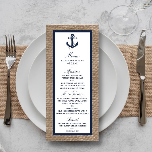Navy Anchor op Burlap Beach Wedding Menu