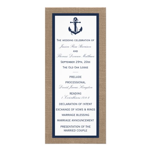 Navy Anchor op Burlap Beach Wedding Program Reclamekaart (Voorkant)