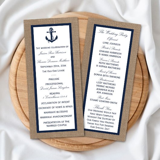 Navy Anchor op Burlap Beach Wedding Program Reclamekaart