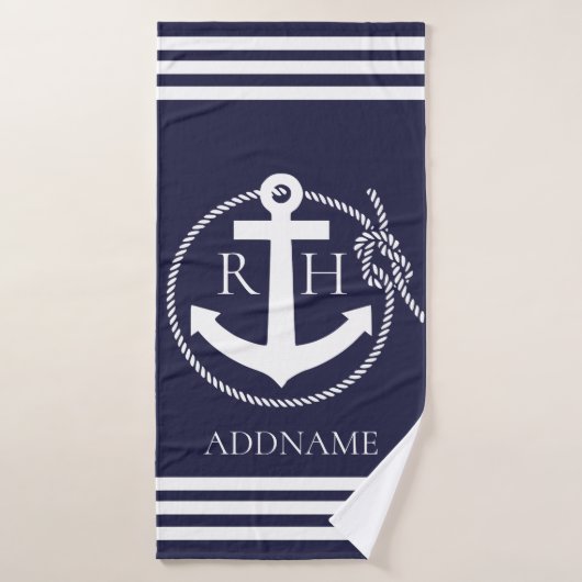 Navy Anchor Personalized Monogram Bath Towel Badhanddoek (Badhanddoek)