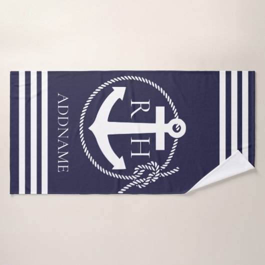 Navy Anchor Personalized Monogram Bath Towel Badhanddoek (Badhanddoek)