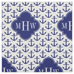 Navy Anchors White BG, Navy 3 Initiaal Monogram Stof