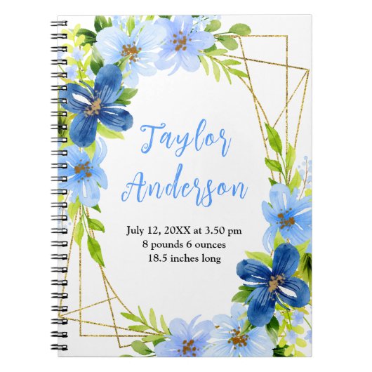 Navy and Baby Blue Floral Baby Birth Stats Notitieboek (Voorkant)