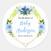 Navy and Baby Blue Floral Baby Shower Bookplate Ronde Sticker (Voorkant)
