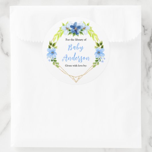 Navy and Baby Blue Floral Baby Shower Bookplate Ronde Sticker (Tas)