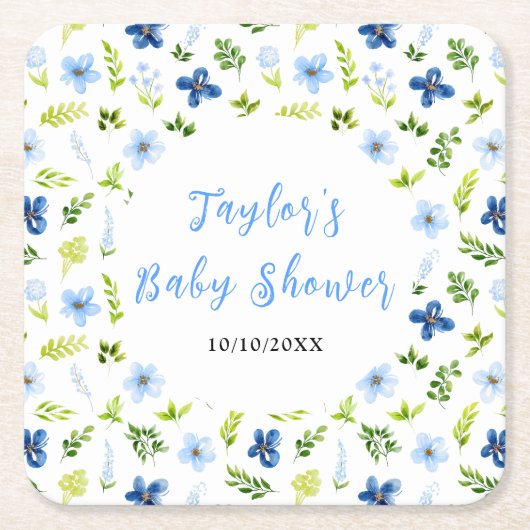 Navy and Baby Blue Floral Baby Shower Kartonnen Onderzetters (Voorkant)