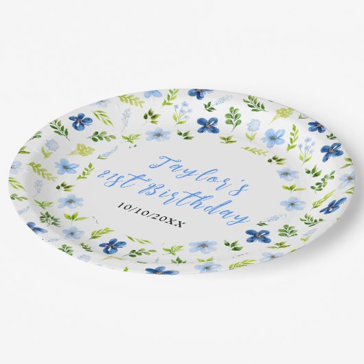 Navy and Baby Blue Floral Birthday Papieren Bordje (Gekanteld)