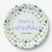 Navy and Baby Blue Floral Birthday Papieren Bordje (Voorkant)
