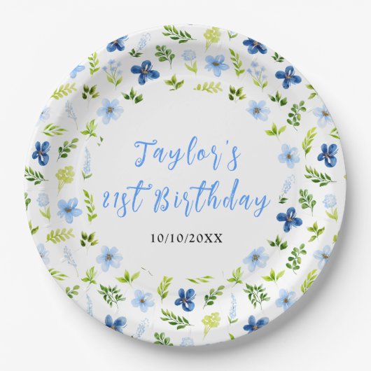 Navy and Baby Blue Floral Birthday Papieren Bordje (Voorkant)