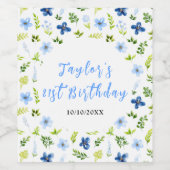 Navy and Baby Blue Floral Birthday Wijn Etiket (Enkel label)