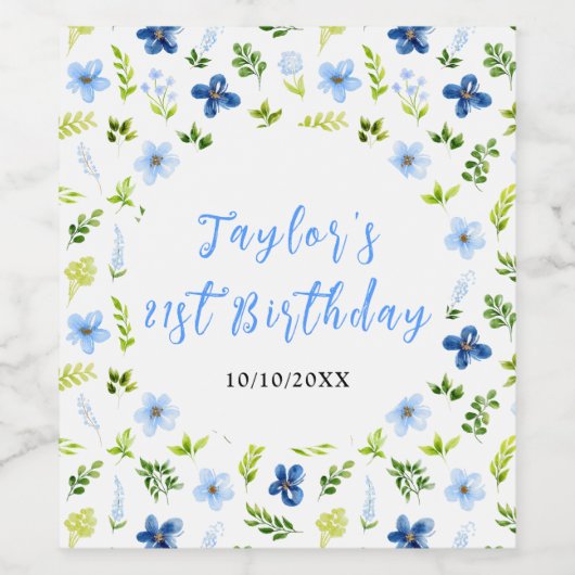 Navy and Baby Blue Floral Birthday Wijn Etiket (Enkel label)
