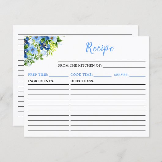 Navy and Baby Blue Floral Recipe Card (Voorkant / Achterkant)