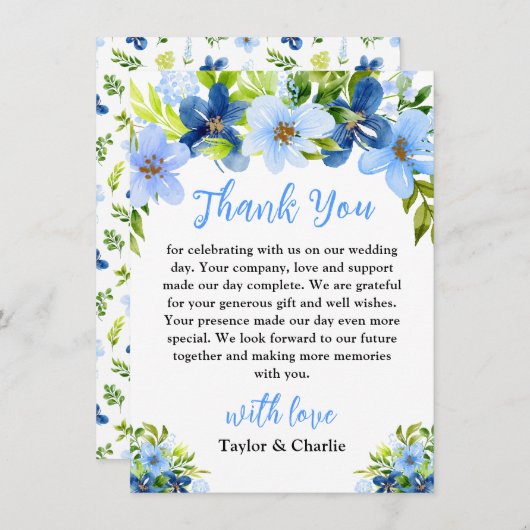 Navy and Baby Blue Floral Wedding Bedankkaart (Voorkant / Achterkant)