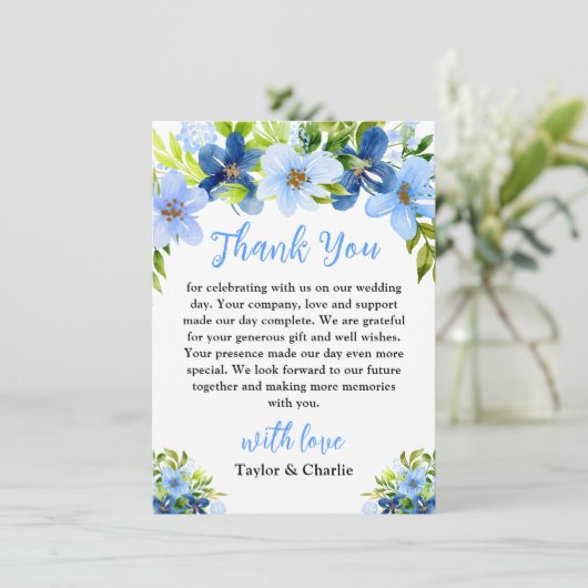 Navy and Baby Blue Floral Wedding Bedankkaart (Staand voorkant)