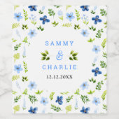 Navy and Baby Blue Floral Wedding Wijn Etiket (Enkel label)