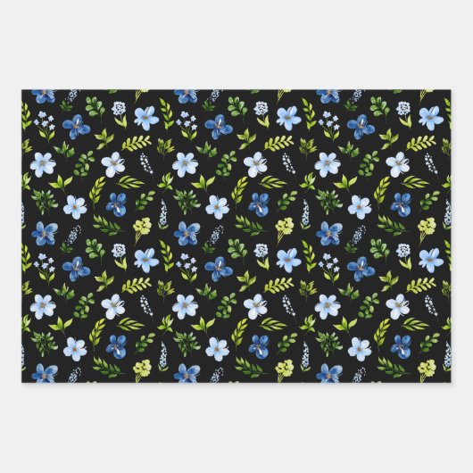 Navy and Baby Blue Flowers with Foliage Pattern Inpakpapier Vel (Voorkant 3)