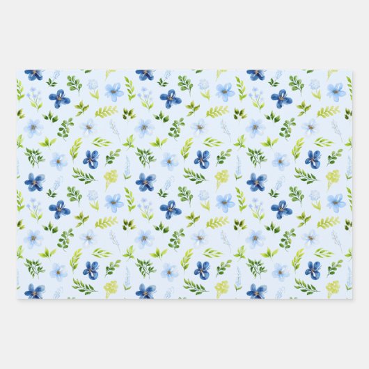 Navy and Baby Blue Flowers with Foliage Pattern Inpakpapier Vel (Voorkant 2)