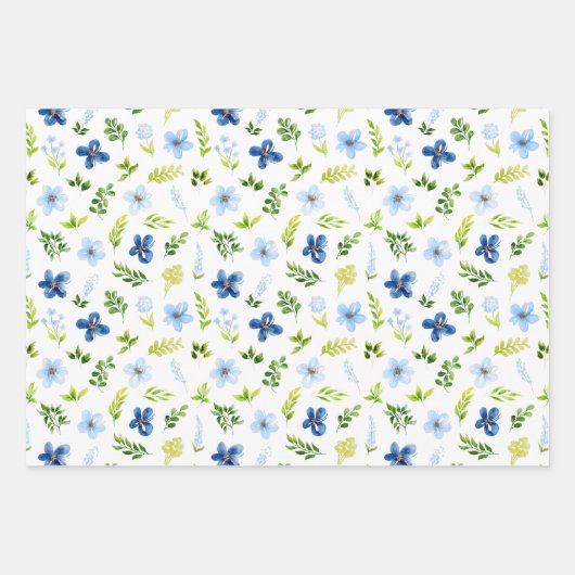 Navy and Baby Blue Flowers with Foliage Pattern Inpakpapier Vel (Voorkant)
