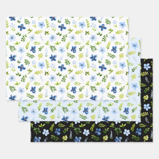 Navy and Baby Blue Flowers with Foliage Pattern Inpakpapier Vel (Set)