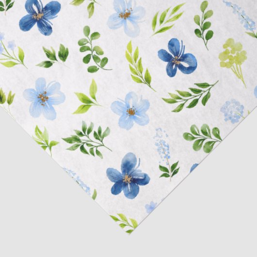 Navy and Baby Blue Flowers with Foliage Pattern Tissuepapier (Detail)