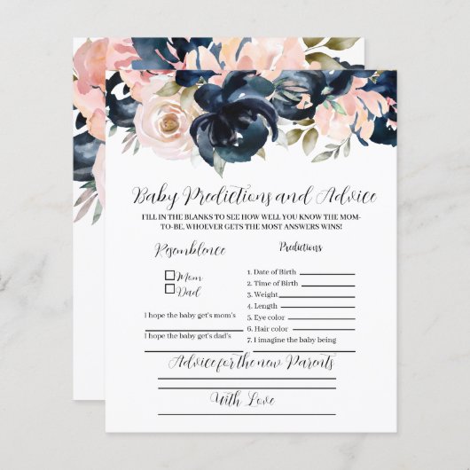 Navy and blush Baby voorspellingen party game. (Voorkant / Achterkant)