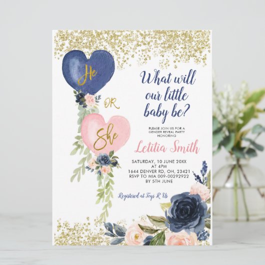 Navy and Blush Balloon onthullen uitnodiging (Staand voorkant)