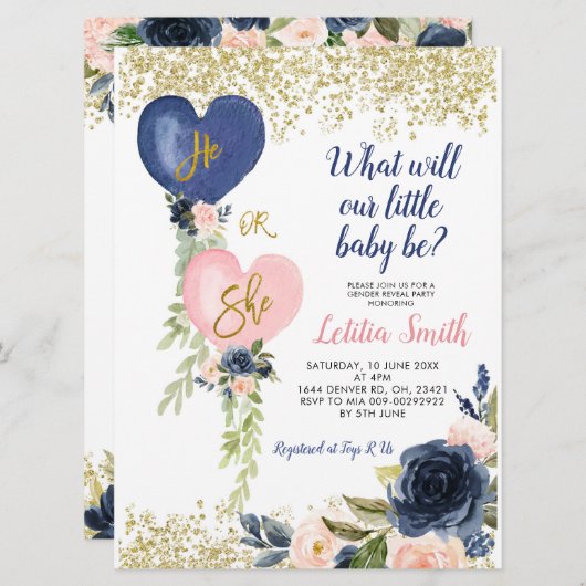 Navy and Blush Balloon onthullen uitnodiging (Voorkant / Achterkant)