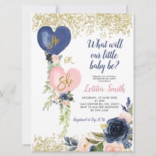 Navy and Blush Balloon onthullen uitnodiging (Voorkant)