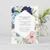 Navy and Blush Floral Lijst Huwelijksuitnodiging Kaart (Staand voorkant)