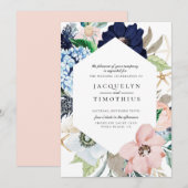 Navy and Blush Floral Lijst Huwelijksuitnodiging Kaart (Voorkant / Achterkant)