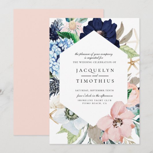 Navy and Blush Floral Lijst Huwelijksuitnodiging Kaart (Voorkant / Achterkant)