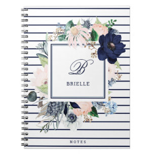 Navy and Blush Floral Stripe   Naam en monogram Notitieboek