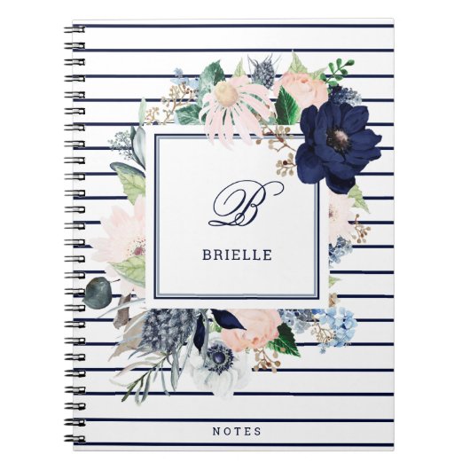 Navy and Blush Floral Stripe | Naam en monogram Notitieboek (Voorkant)