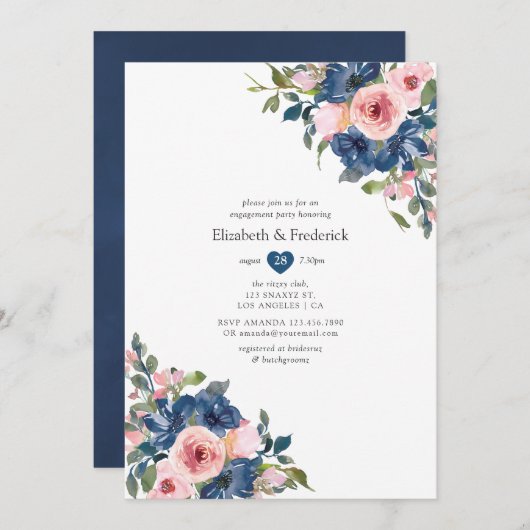 Navy and Blush Floral Wedding Engagement Party Kaart (Voorkant / Achterkant)