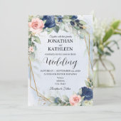 Navy and Blush Floral Wedding Invitation Kaart (Staand voorkant)