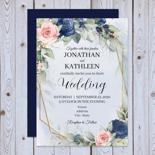 Navy and Blush Floral Wedding Invitation Kaart
