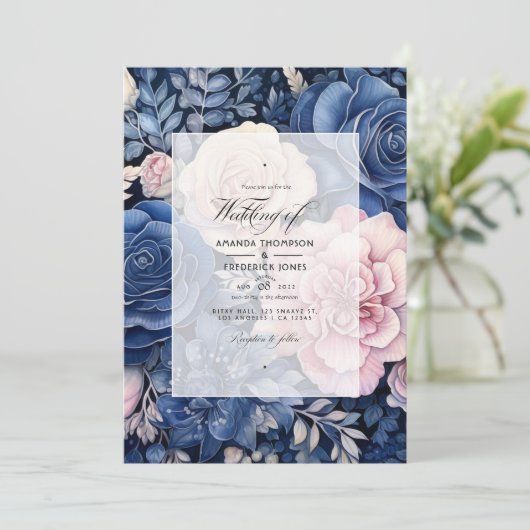 Navy and Blush Floral Wedding Kaart (Staand voorkant)