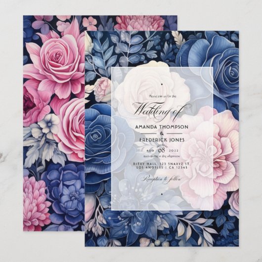 Navy and Blush Floral Wedding Kaart (Voorkant / Achterkant)