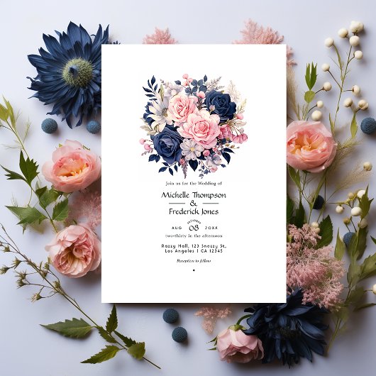Navy and Blush Floral Wedding Kaart