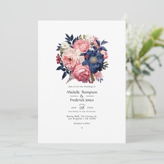 Navy and Blush Floral Wedding Kaart (Staand voorkant)