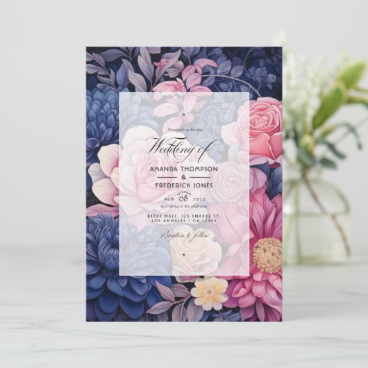 Navy and Blush Floral Wedding Kaart (Staand voorkant)
