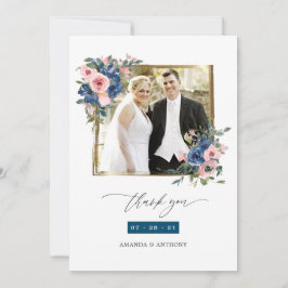 Navy and Blush Floral Wedding Photo Collage Bedankkaart
